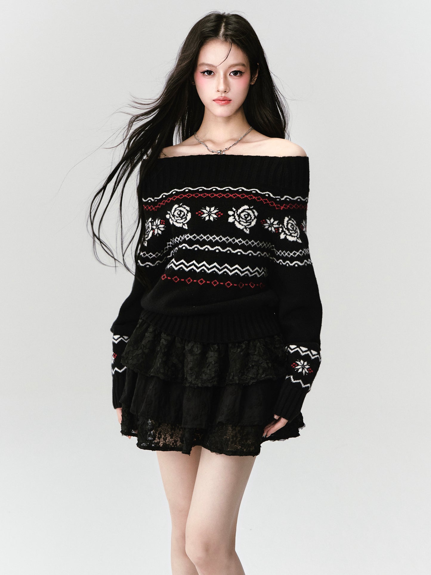 Off-Shoulder Jacquard Rose Sweater