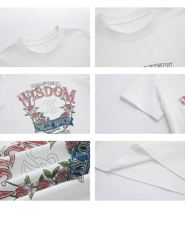 Vintage-Style Printed T-Shirt & Heart Patch Denim Skirt