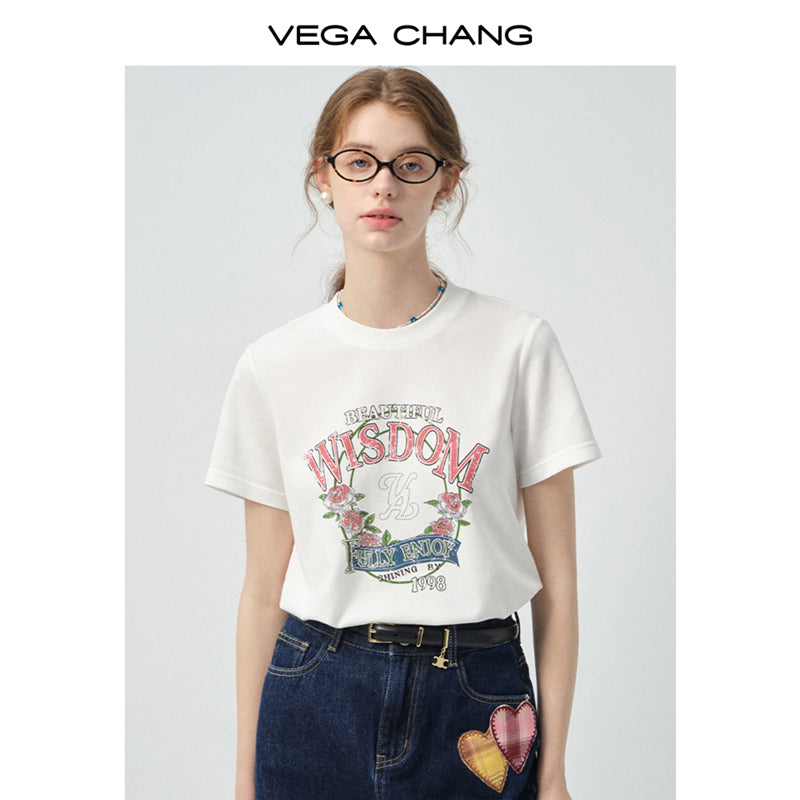 Vintage-Style Printed T-Shirt & Heart Patch Denim Skirt