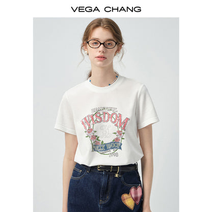 Vintage-Style Printed T-Shirt & Heart Patch Denim Skirt