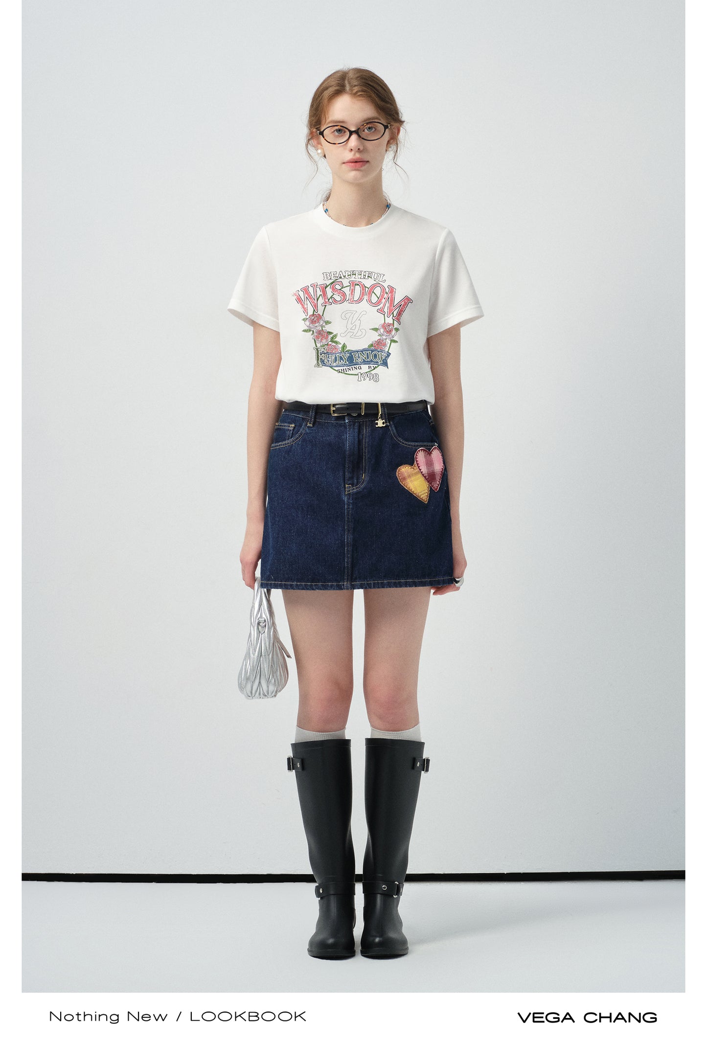 Vintage-Style Printed T-Shirt & Heart Patch Denim Skirt