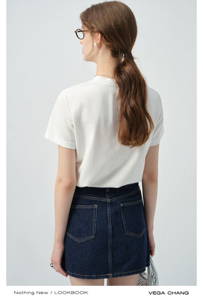 Vintage-Style Printed T-Shirt & Heart Patch Denim Skirt