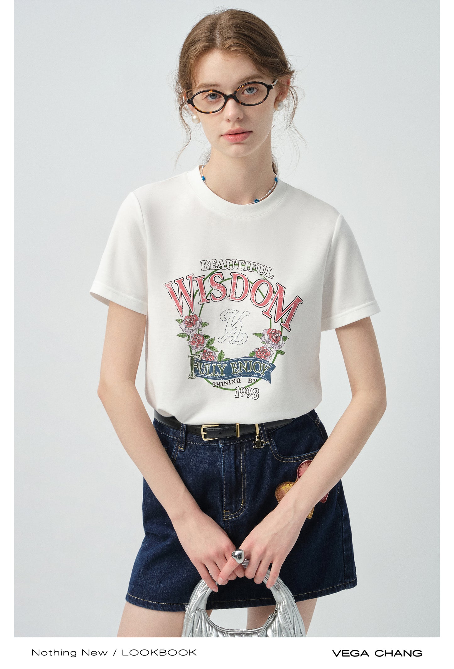 Vintage-Style Printed T-Shirt & Heart Patch Denim Skirt