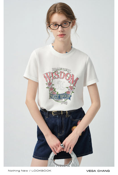 Vintage-Style Printed T-Shirt & Heart Patch Denim Skirt