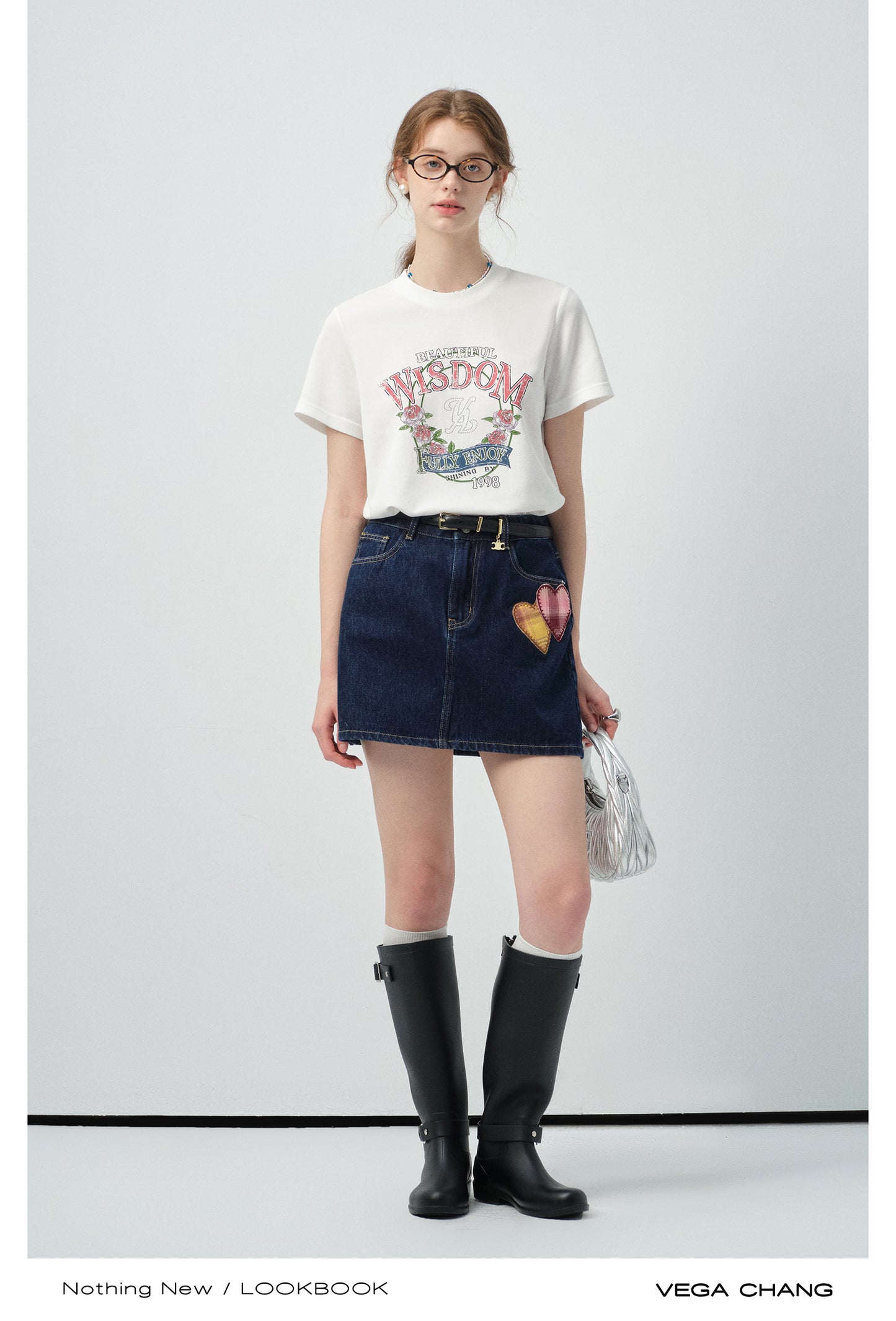 Vintage-Style Printed T-Shirt & Heart Patch Denim Skirt