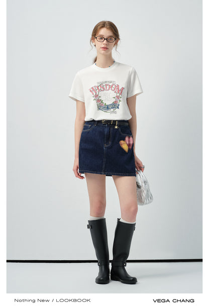 Vintage-Style Printed T-Shirt & Heart Patch Denim Skirt