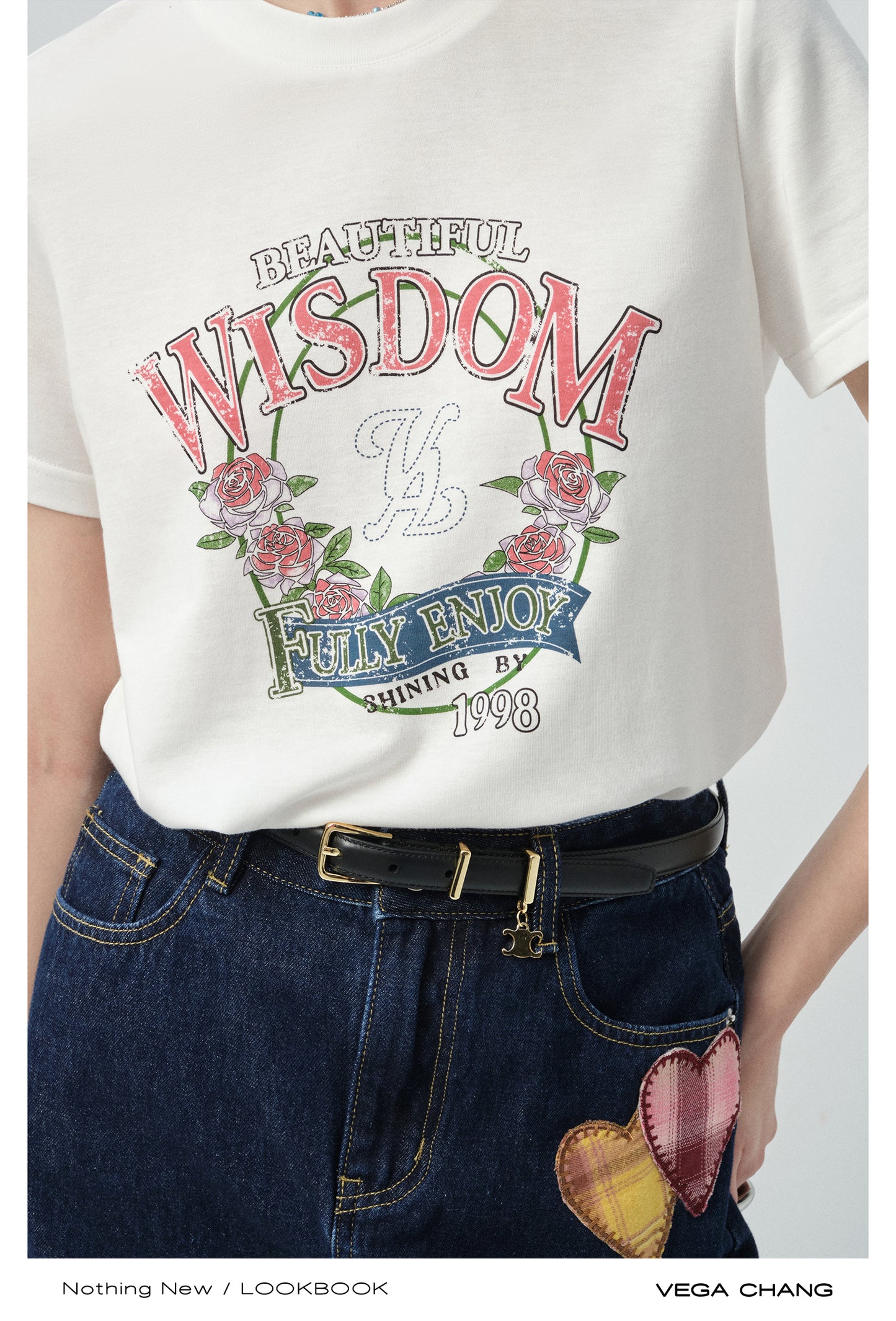 Vintage-Style Printed T-Shirt & Heart Patch Denim Skirt