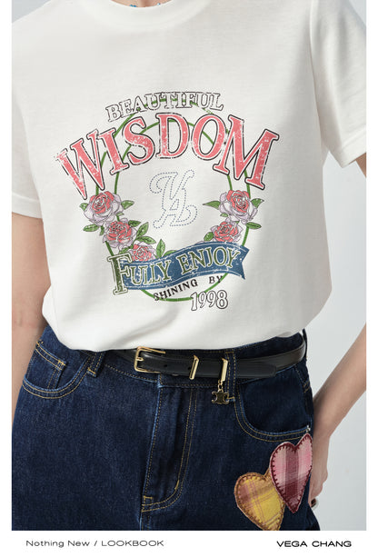 Vintage-Style Printed T-Shirt & Heart Patch Denim Skirt
