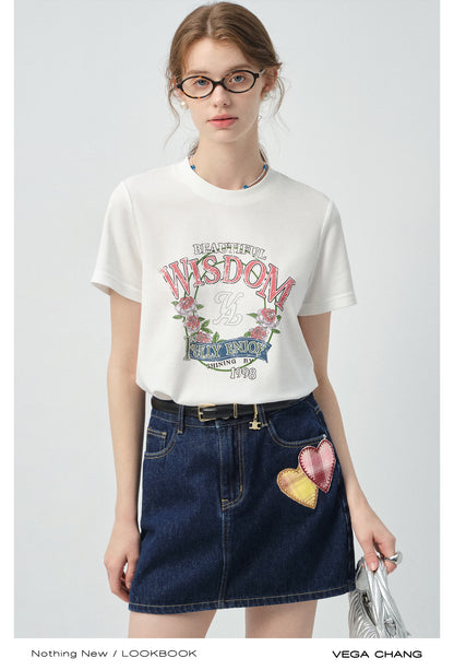 Vintage-Style Printed T-Shirt & Heart Patch Denim Skirt