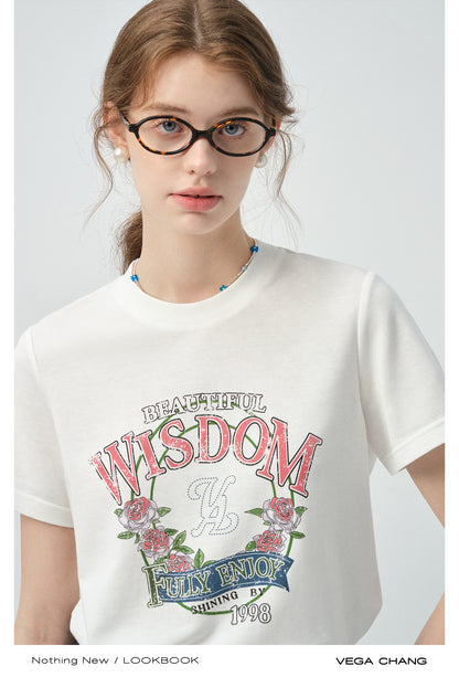 Vintage-Style Printed T-Shirt & Heart Patch Denim Skirt