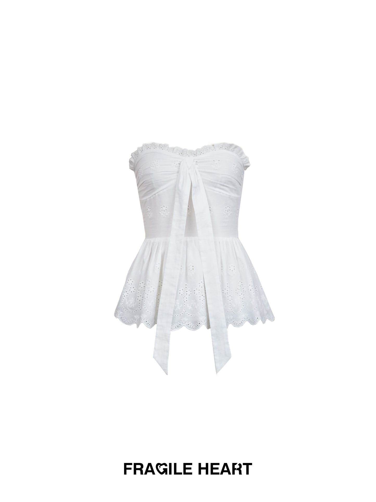 Embroidered Peplum Tube Top With Scalloped Hem