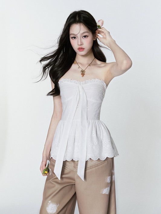 Embroidered Peplum Tube Top With Scalloped Hem
