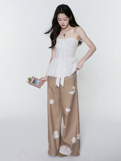 Embroidered Peplum Tube Top With Scalloped Hem