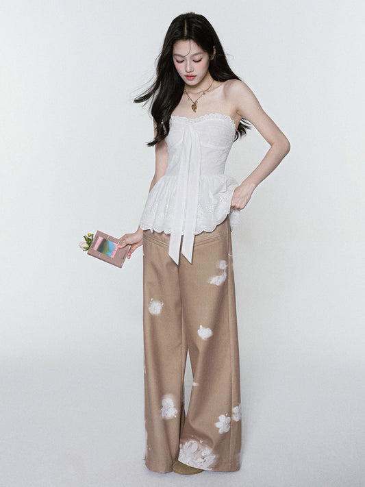 Embroidered Peplum Tube Top With Scalloped Hem