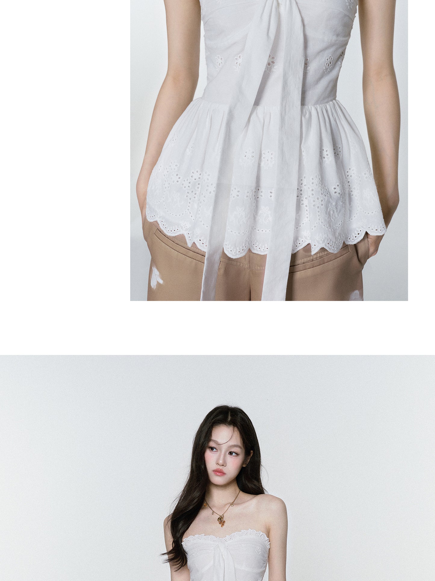 Embroidered Peplum Tube Top With Scalloped Hem
