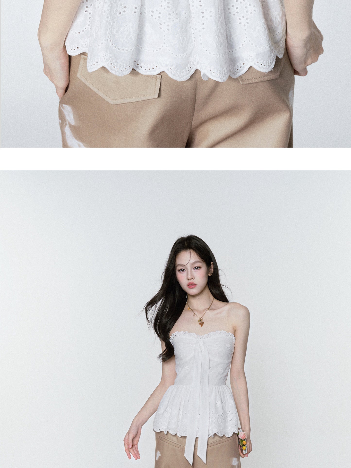 Embroidered Peplum Tube Top With Scalloped Hem