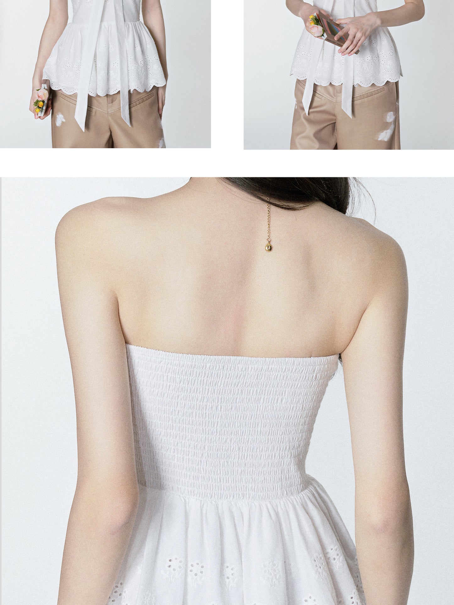 Embroidered Peplum Tube Top With Scalloped Hem