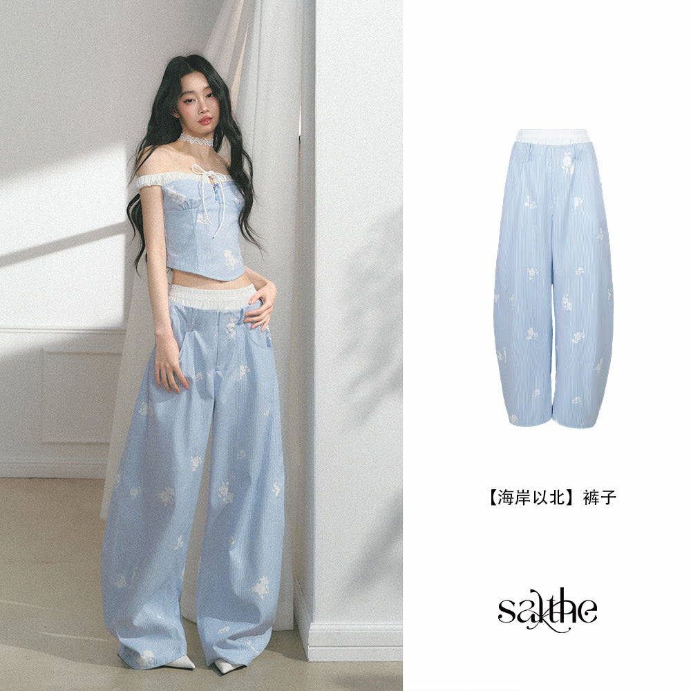 Floral Print Off-Shoulder Top & Curved Wide-Leg Pants