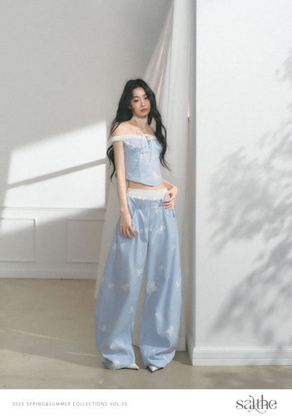 Floral Print Off-Shoulder Top & Curved Wide-Leg Pants
