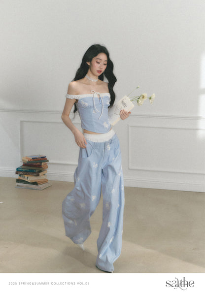 Floral Print Off-Shoulder Top & Curved Wide-Leg Pants