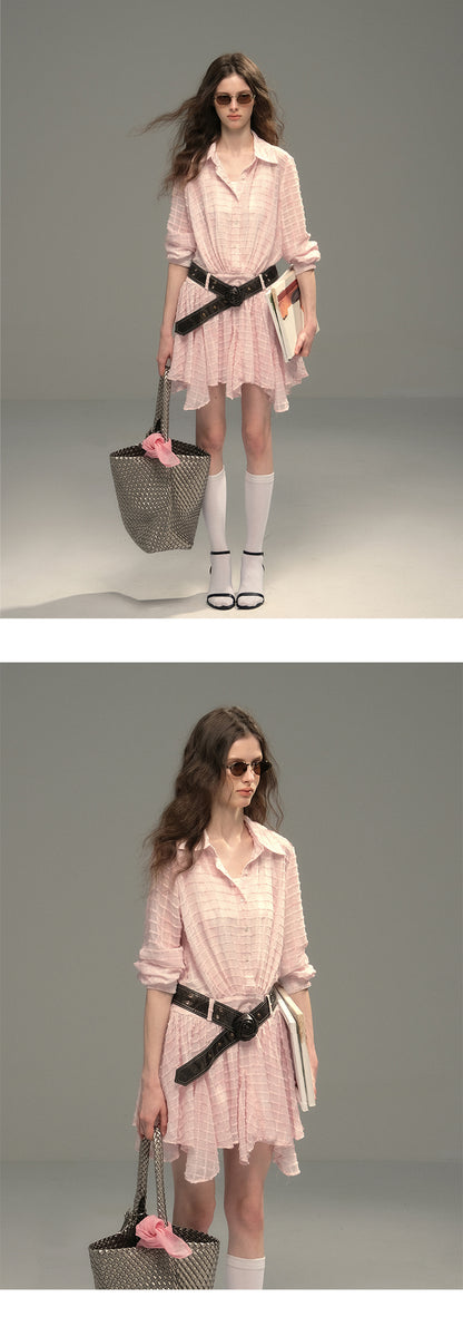 Sheer Textured Grid Shirt Dress