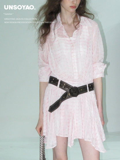 Sheer Textured Grid Shirt Dress