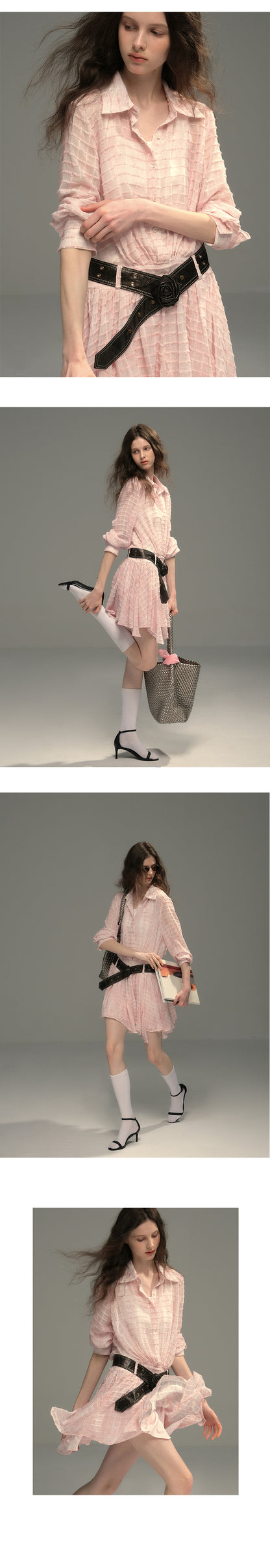 Sheer Textured Grid Shirt Dress
