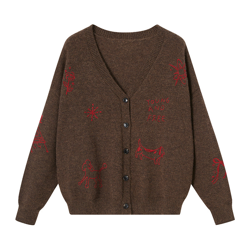 Puppy Embroidery V-Neck Knitted Cardigan