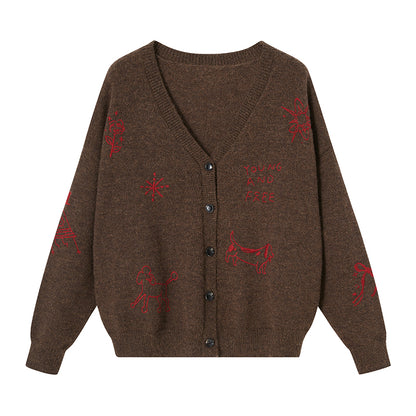 Puppy Embroidery V-Neck Knitted Cardigan