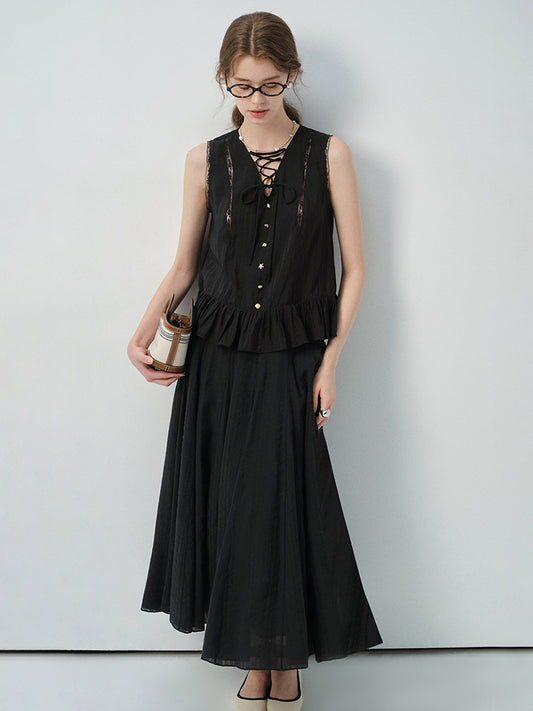 Lace-Up Sleeveless Top With Beaded Buttons & Maxi Skirt