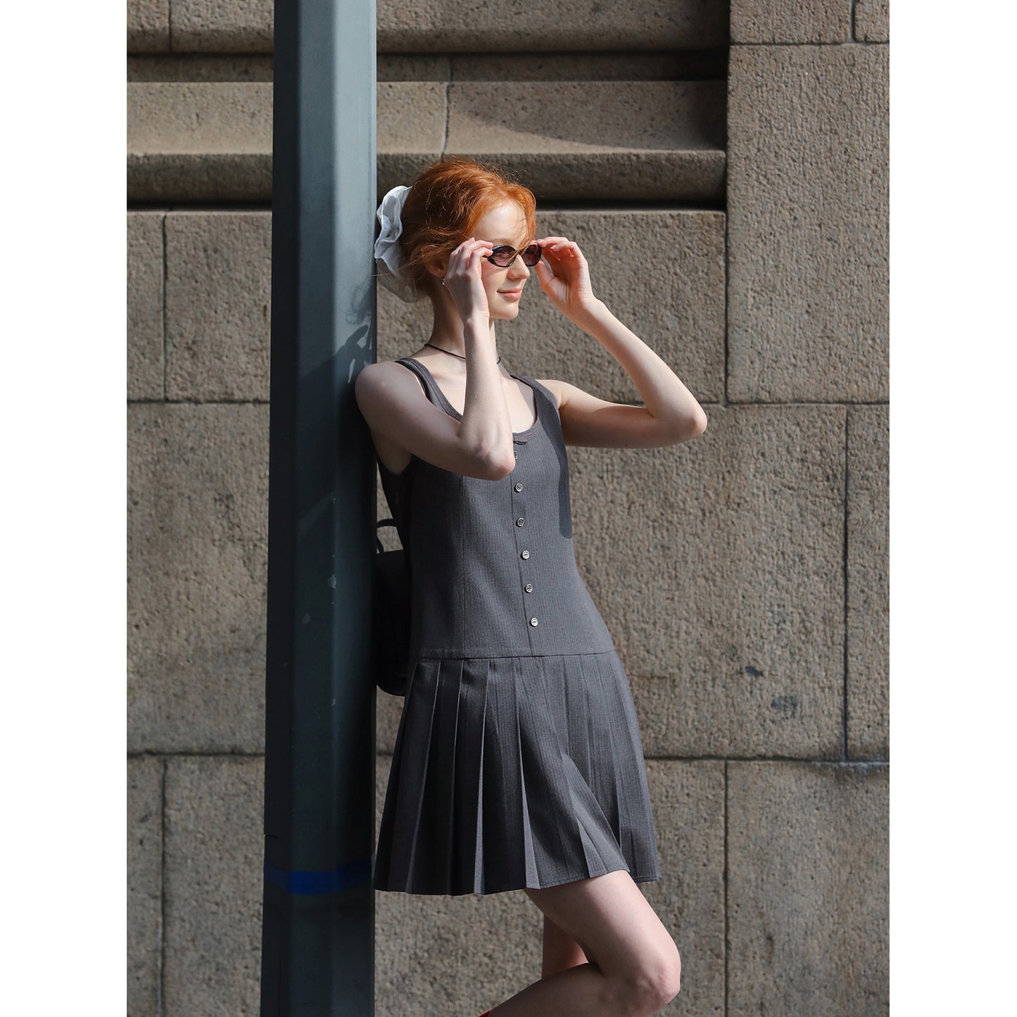 Sleeveless Pinstripe Pleated Mini Dress