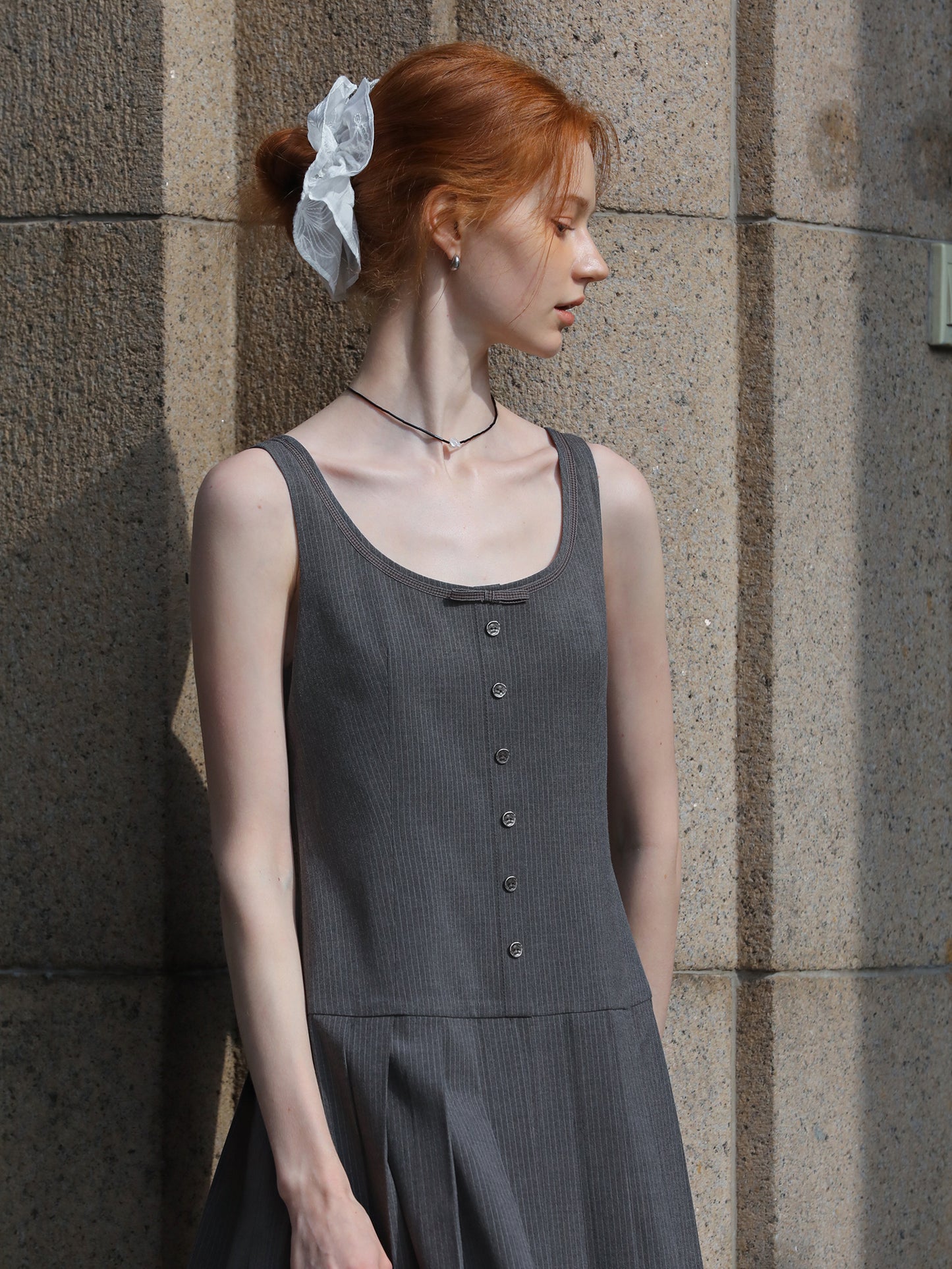 Sleeveless Pinstripe Pleated Mini Dress