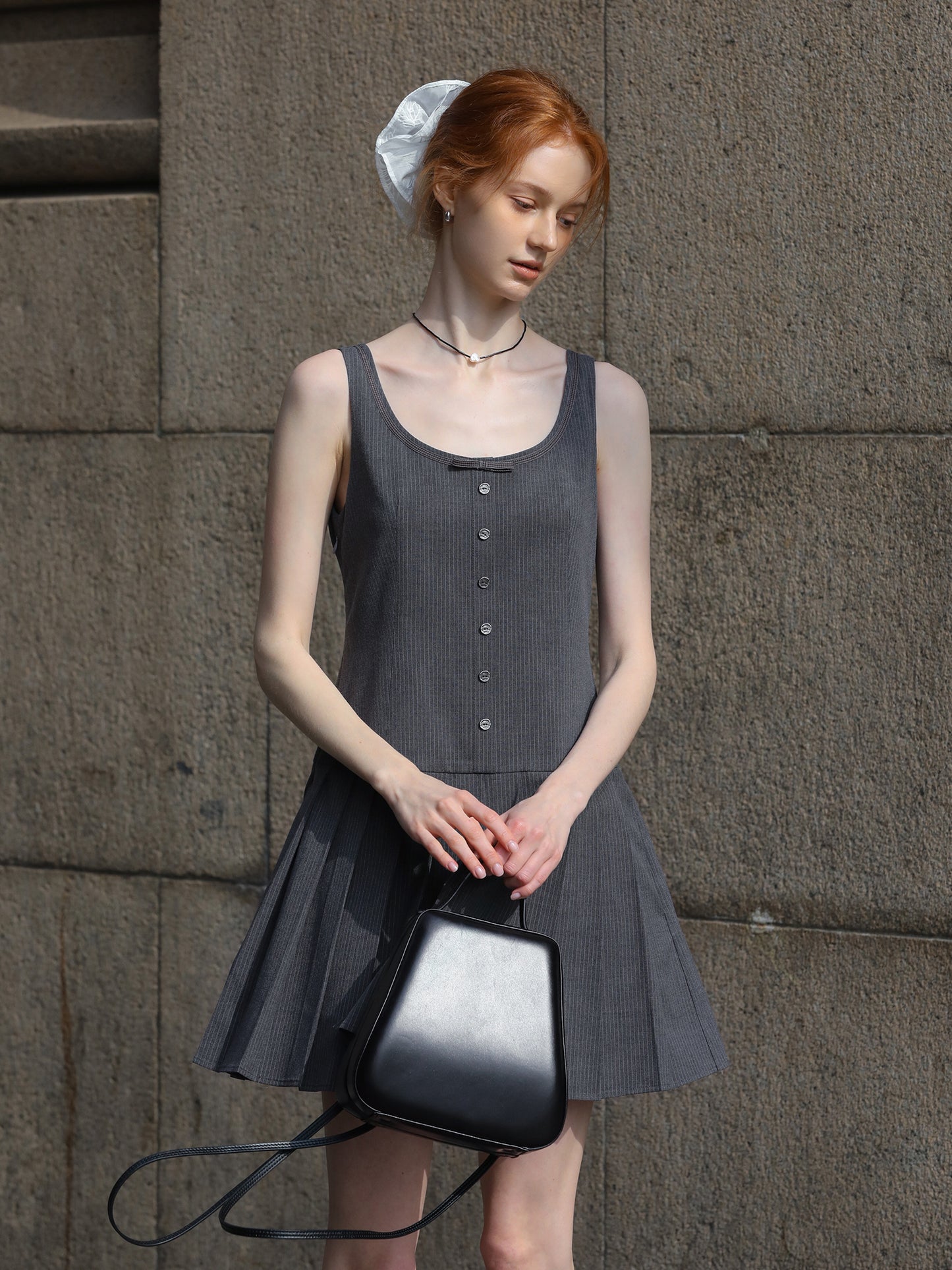 Sleeveless Pinstripe Pleated Mini Dress