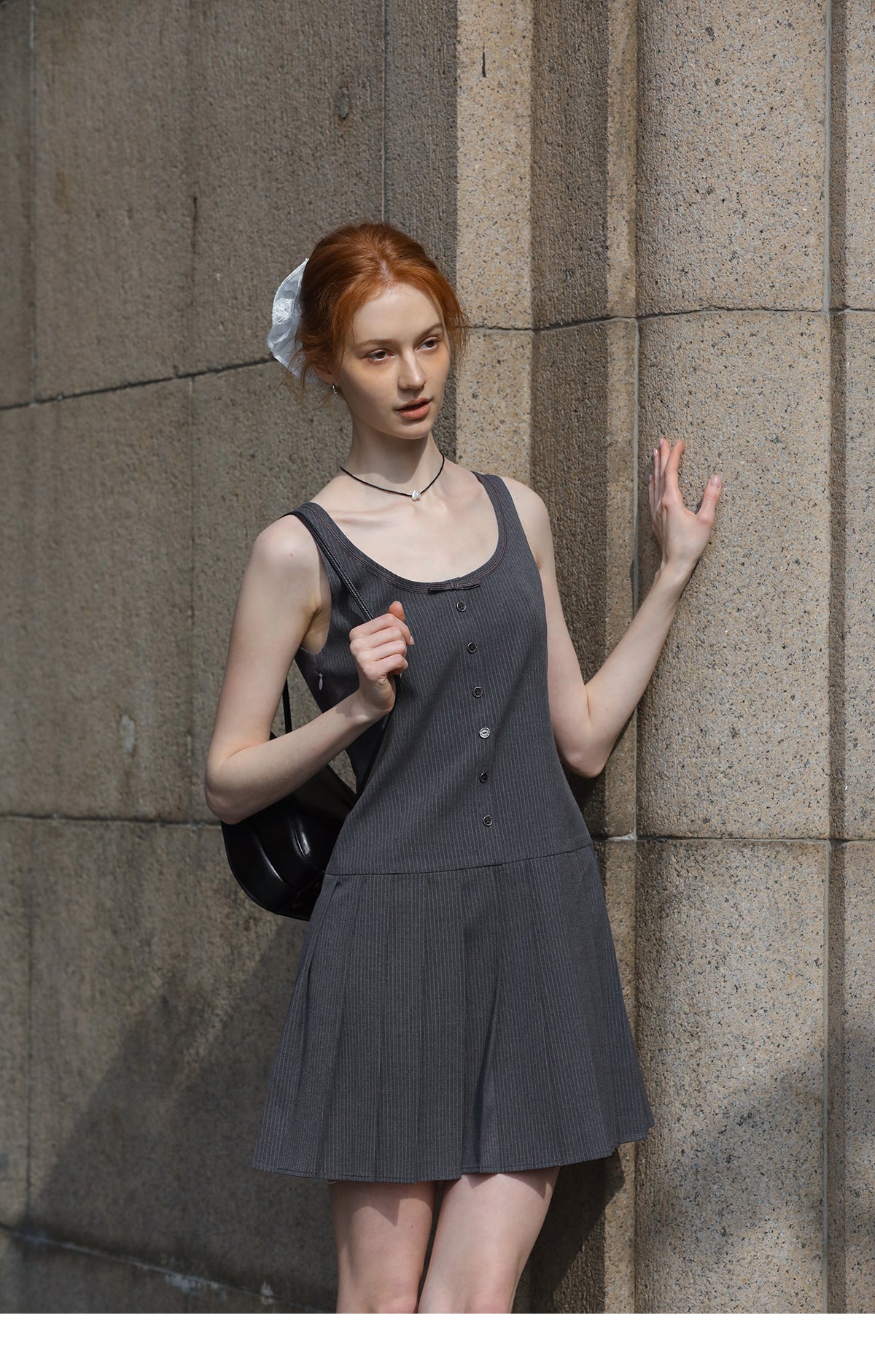 Sleeveless Pinstripe Pleated Mini Dress