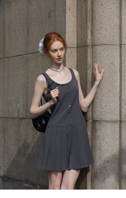 Sleeveless Pinstripe Pleated Mini Dress