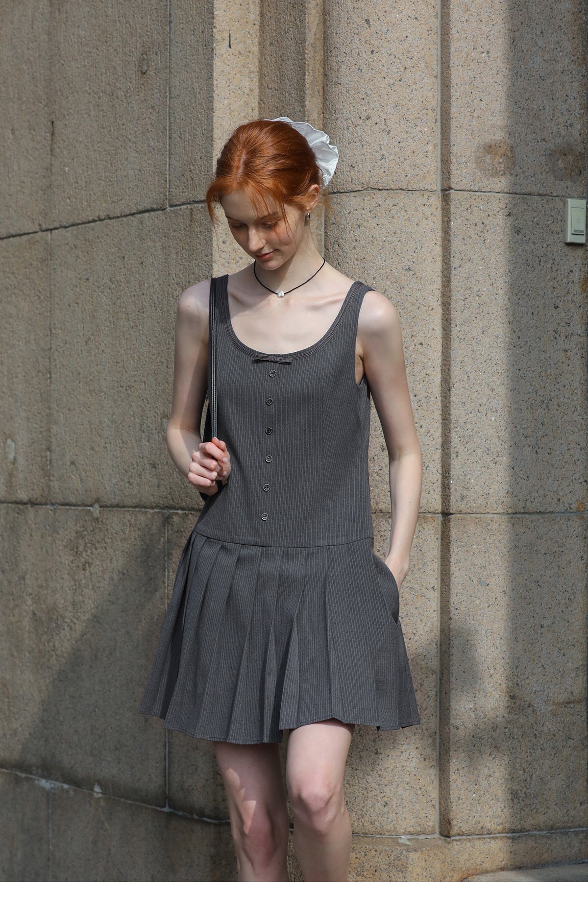 Sleeveless Pinstripe Pleated Mini Dress