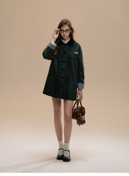 Wool Blend Short Coat With Frilled Placket