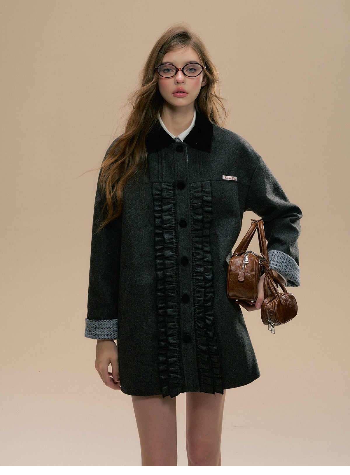 Wool Blend Short Coat With Frilled Placket