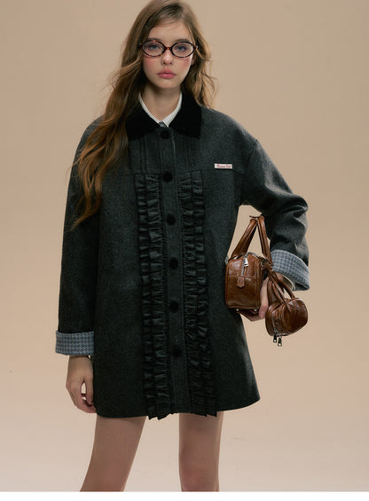 Wool Blend Short Coat With Frilled Placket