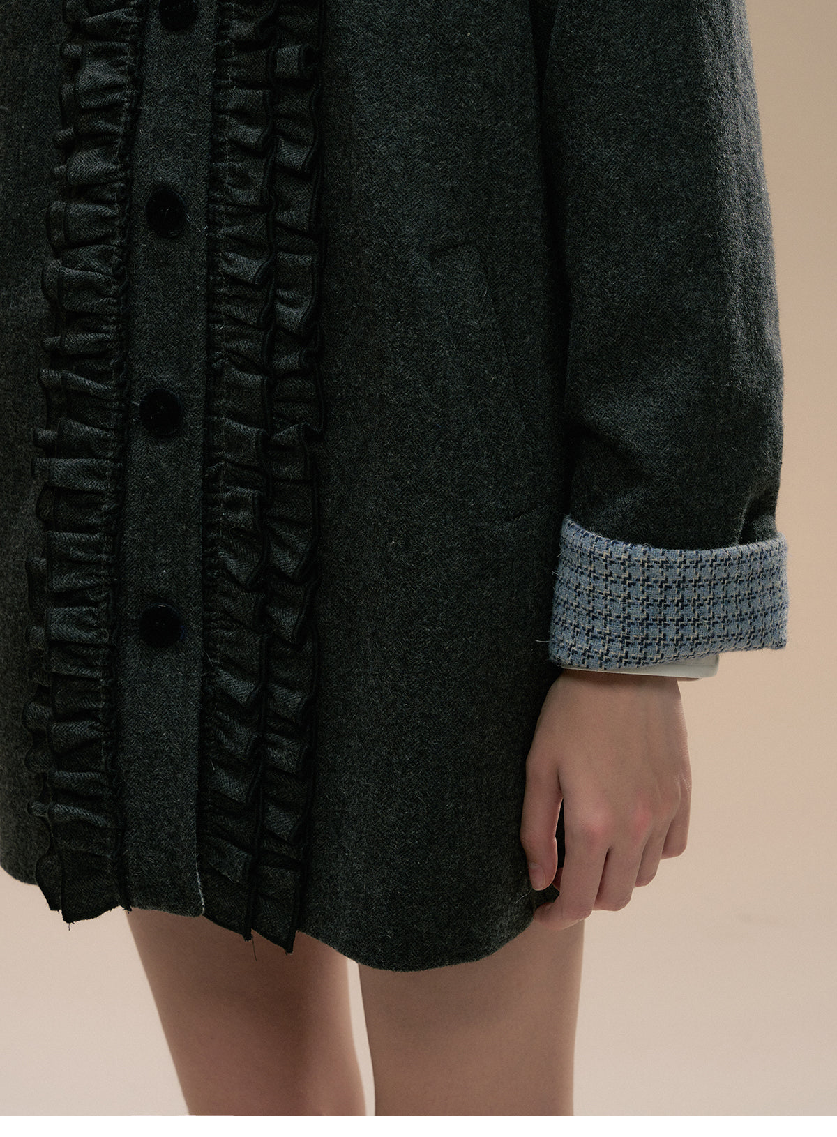 Wool Blend Short Coat With Frilled Placket