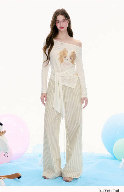Striped Drawstring Wide-Leg Pants With Flower Detail
