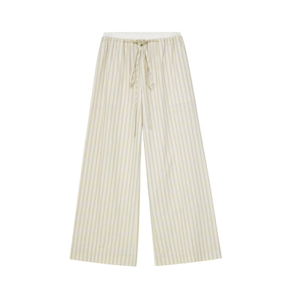 Striped Drawstring Wide-Leg Pants With Flower Detail