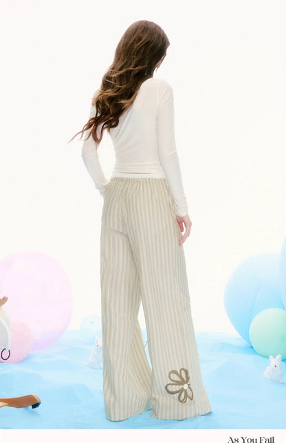 Striped Drawstring Wide-Leg Pants With Flower Detail