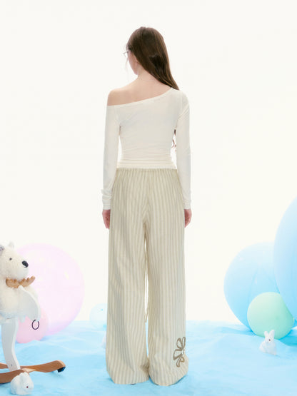 Striped Drawstring Wide-Leg Pants With Flower Detail