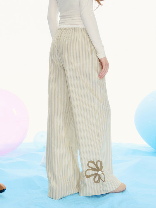 Striped Drawstring Wide-Leg Pants With Flower Detail