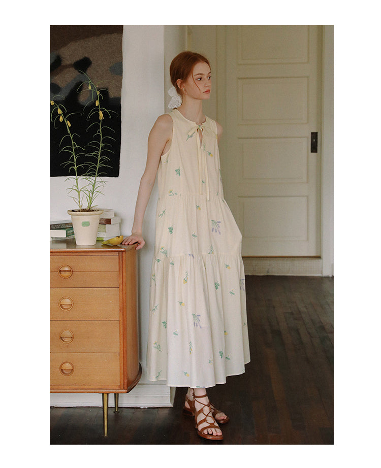 Floral Embroidered Sleeveless Dress With Tie Neck