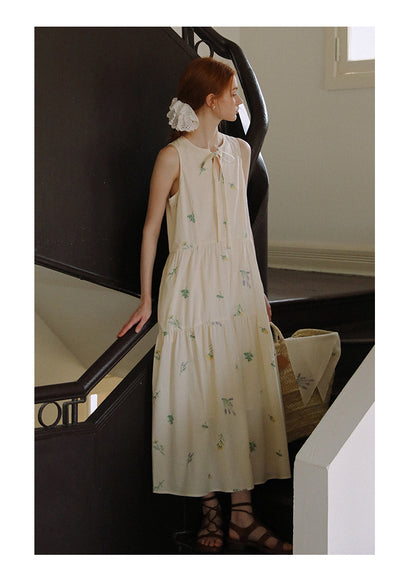 Floral Embroidered Sleeveless Dress With Tie Neck