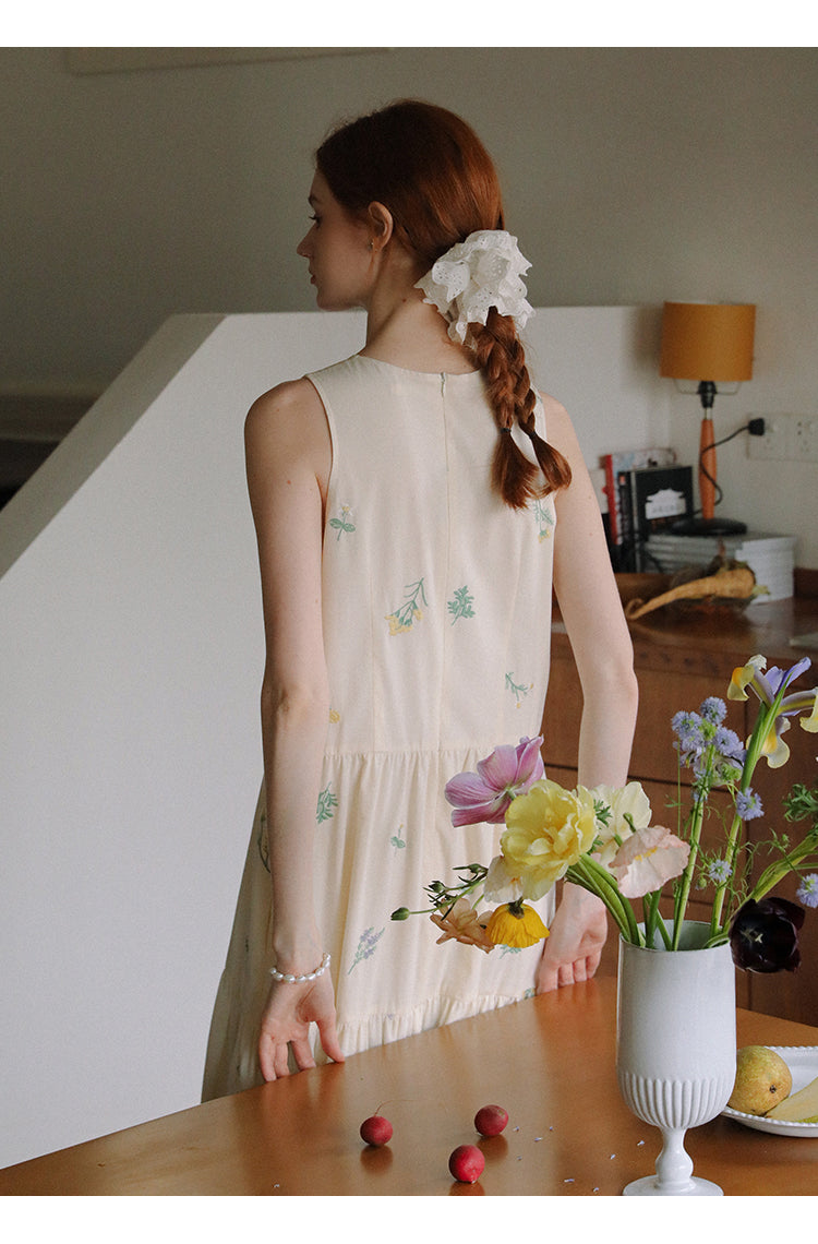 Floral Embroidered Sleeveless Dress With Tie Neck
