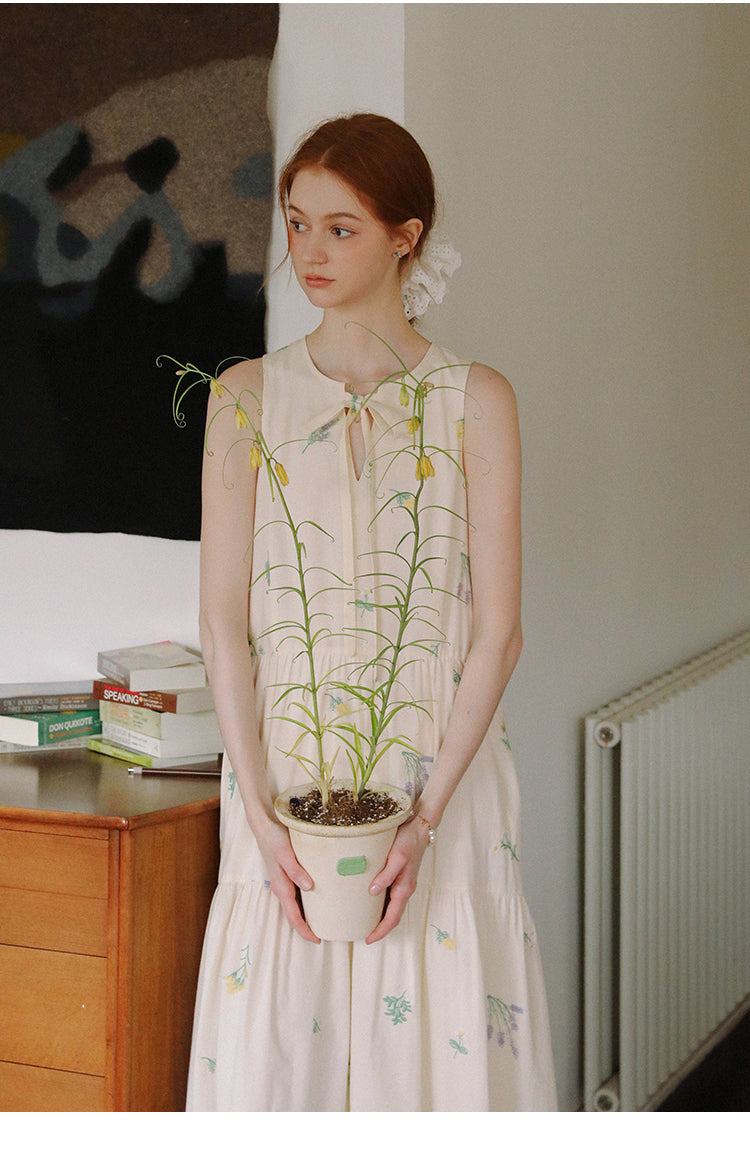 Floral Embroidered Sleeveless Dress With Tie Neck