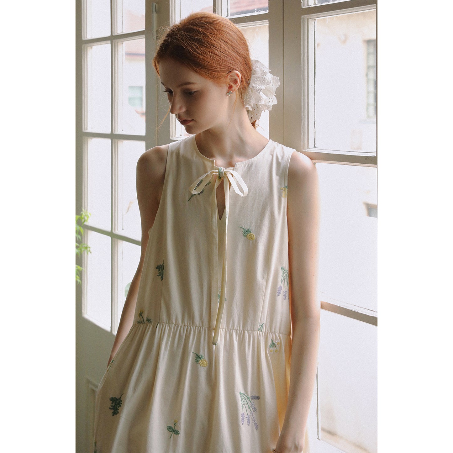 Floral Embroidered Sleeveless Dress With Tie Neck